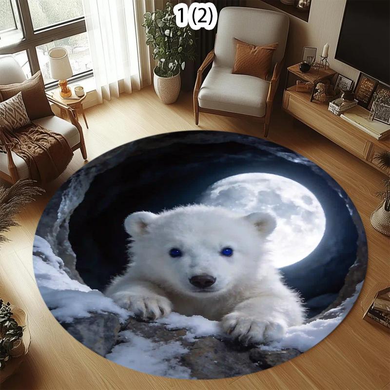 2D Cute Polar Bear Round Carpet Realistic Hole Abyss Floor Mat Creative Decorative Area Rug for Living Room Bedroom Home Decor