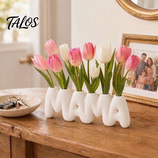 3D-gedruckte MAMA-Buchstaben-Vase, Kreativer Blumenhalter zum Muttertag mit mehreren Einstecklöchern, Minimalistische weiße Schreibtischdekoration für Schlafzimmer Esstisch