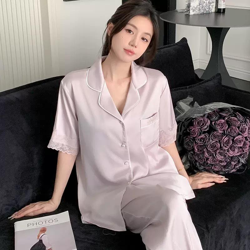 [Pearl Dodder Three-piece Set] 1011 Spring and Summer Pajamas Women's New Short Sleeve Lace Premium Ice Silk Two-piece Set