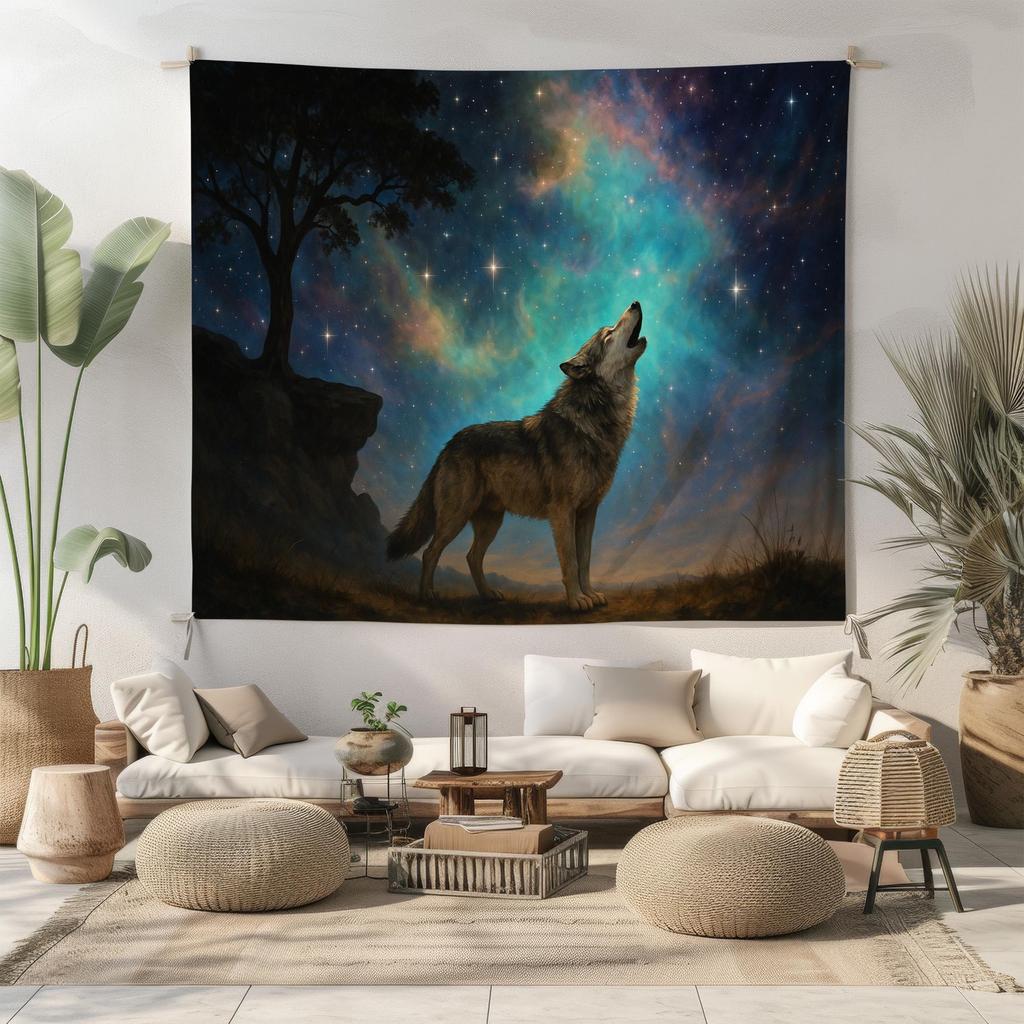 Wolf Tapestry Howling Wolf Wall Art Night Sky Galaxy Decor Mystic Animal Tapestries Nature Forest Boho Wall Hanging
