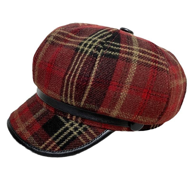 Britský osmiboký klobouk Dámská kostkovaná retro čepice s obličejem Malý baret Ztluštělý klobouk pro novináře