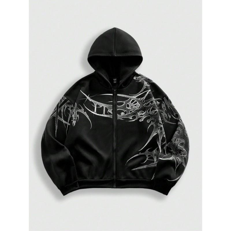 Oversized Hooded Sweatshirt With Skull Print Streetwear Unisex Loose Fit Casual Top