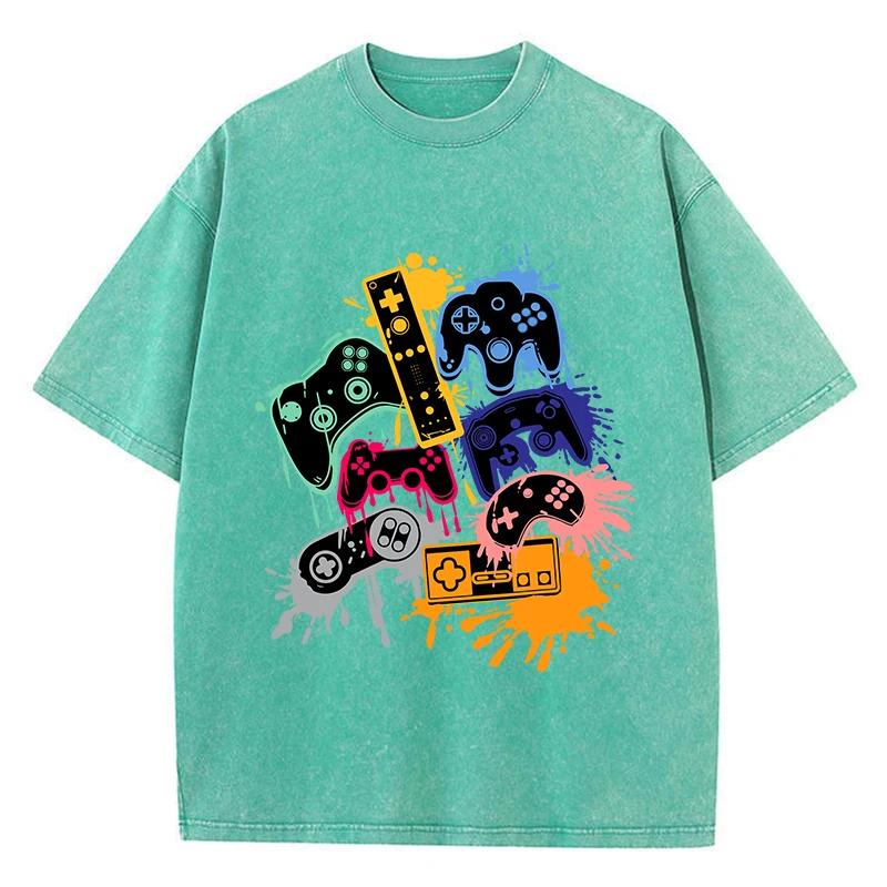 Game Console Graffiti Printing Washed TShirt Cotton T Shirts ONeck Comfortable Distressed Tops Summer Mans Clothes