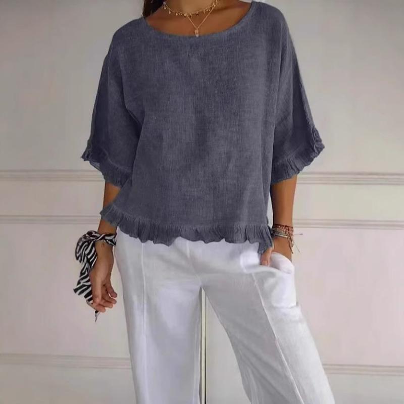 New summer women's short-sleeved round neck cotton and linen solid color loose version European and American shirts for women
