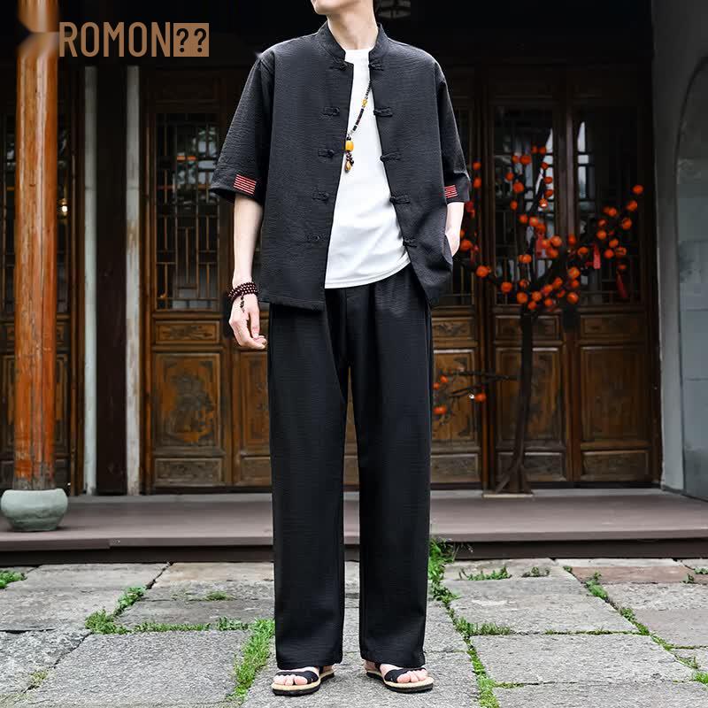 ROMON Men s Chinese Style Short-Sleeve Tang Suit Shirt L