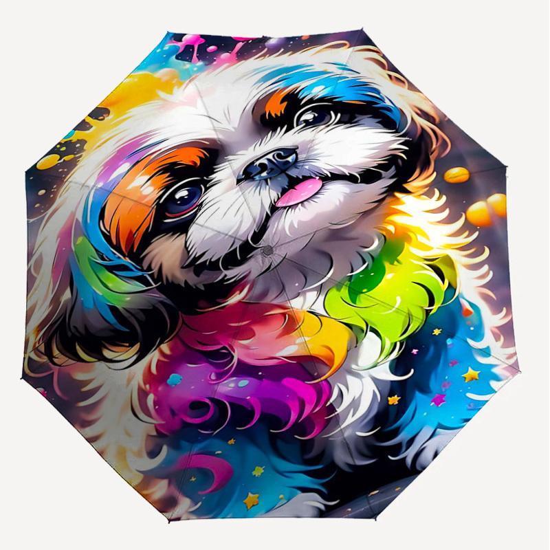 1pc Rainbow Dog Automatic Open/Close Umbrella Compact Folding Umbrella with 8-Rib Shaft for Women/Men, Portable Travel Umbrella,1232S