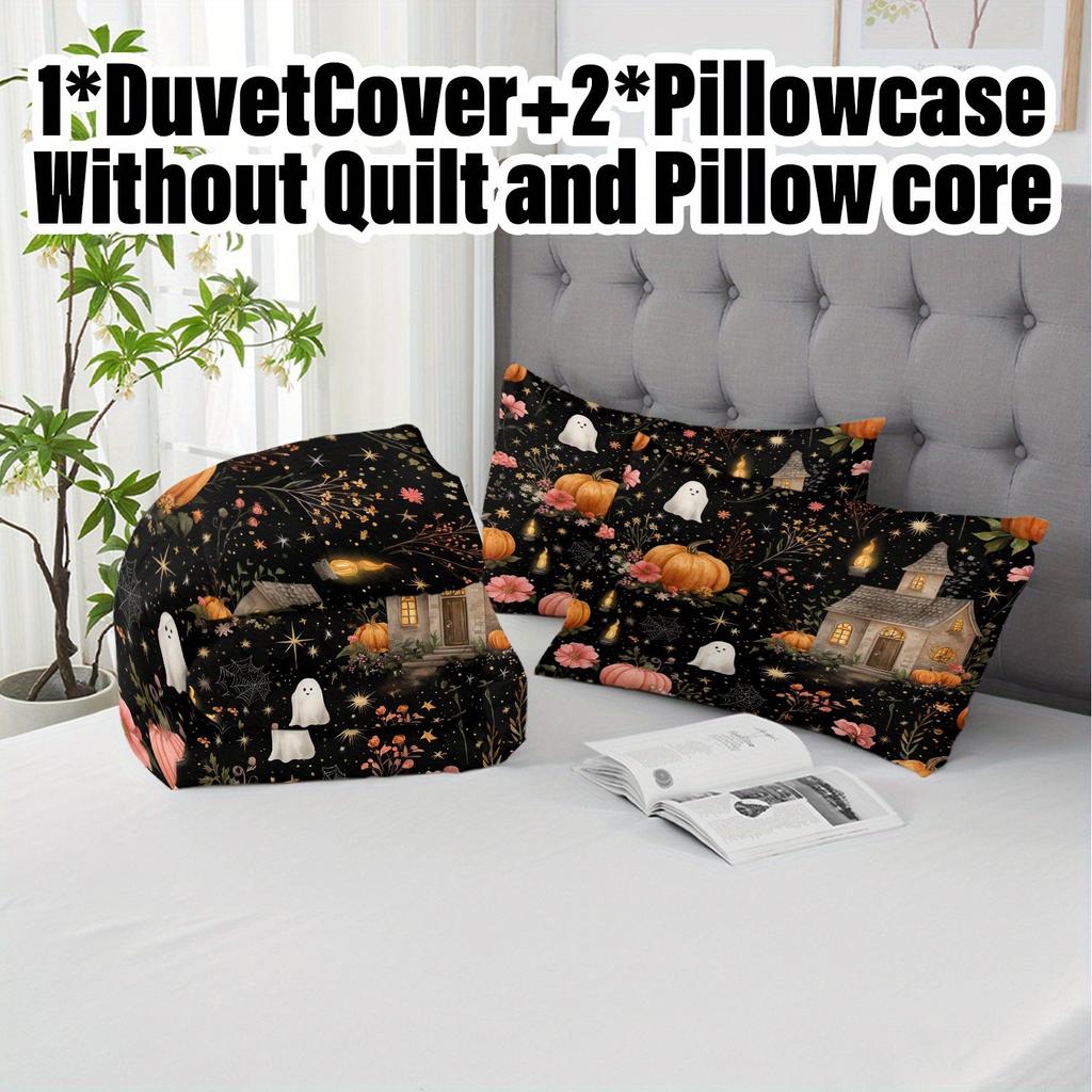 3pcs Halloween Pumpkin Monster Duvet Cover Set Without Core Quilt Cover with 2 PillowcasesSoft and Machine Washable