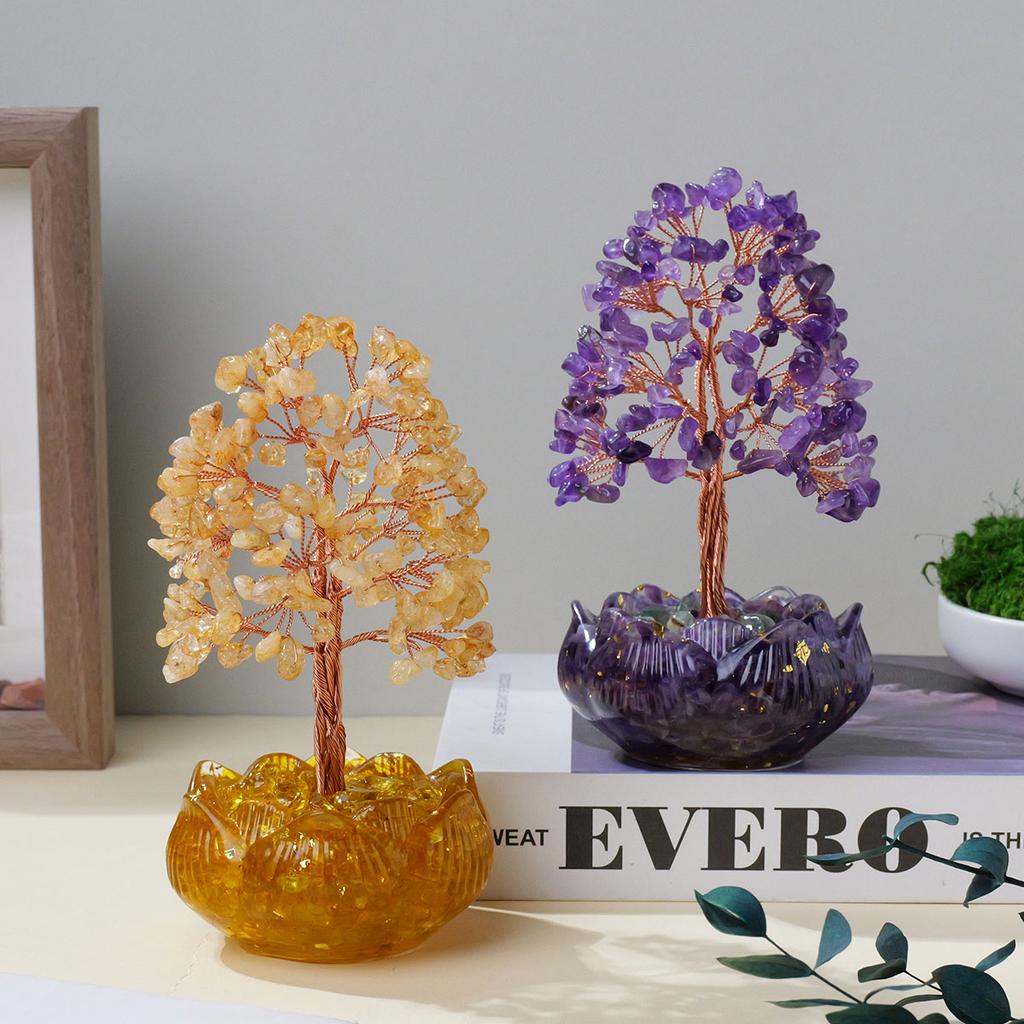 1 Stück Naturkristall Citrin Amethyst Baum Harz Lotusbasis Reiki Heimdeko Schlafzimmer Dekoration Halloween Weihnachtsgeschenk