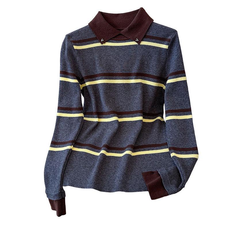 2026 Autumn-Winter Women's Striped Polo Collar Sweater: Versatile Knitwear for Layering
