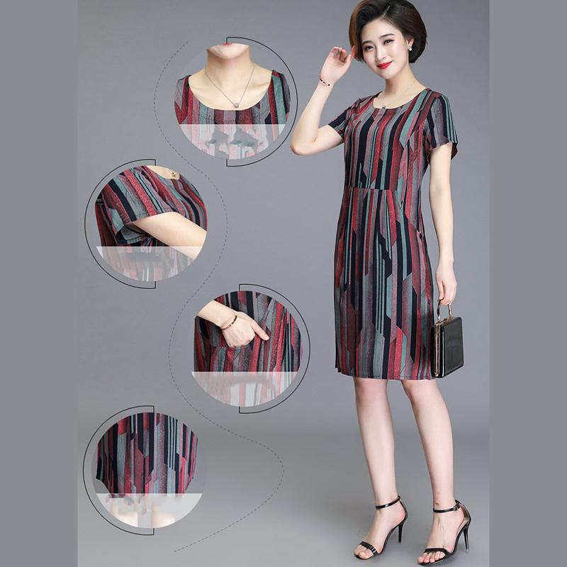 Women Summer XL-XXXXXL Plus Size Mid-length Printed Dress Short Sleeve A-line Knee-length Round Neck Pocket
