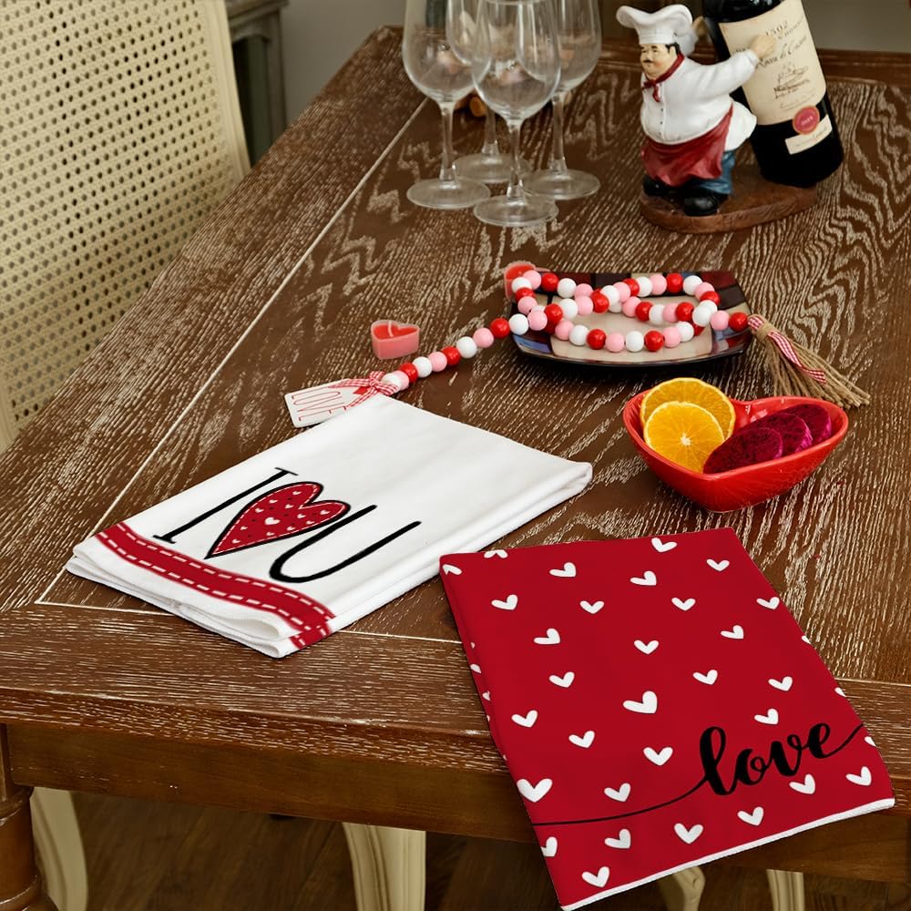 ARKENY Valentines Day Kitchen Towels Red Heart Dish Towels 18x26 Inch Ultra Absorbent Wedding Drying Cloth I Love U Sign Hand Towel for Valentine