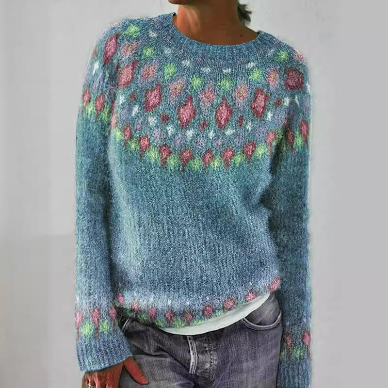 Womens Crew Neck Colorblock Loose Knit Sweater With Geometric Jacquard Acrylic Blend Plus Size S-5XL