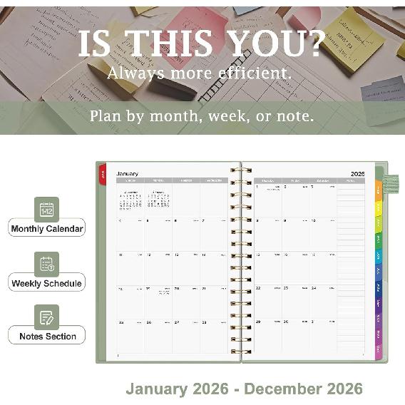 EMSHOI 2026 Planner Weekly and Monthly, Week on One Page with Notes, A5 (5.7"x8.3"), Jan-Dec 2026 Calendar Agenda with Monthly Tabs, Note Pages,