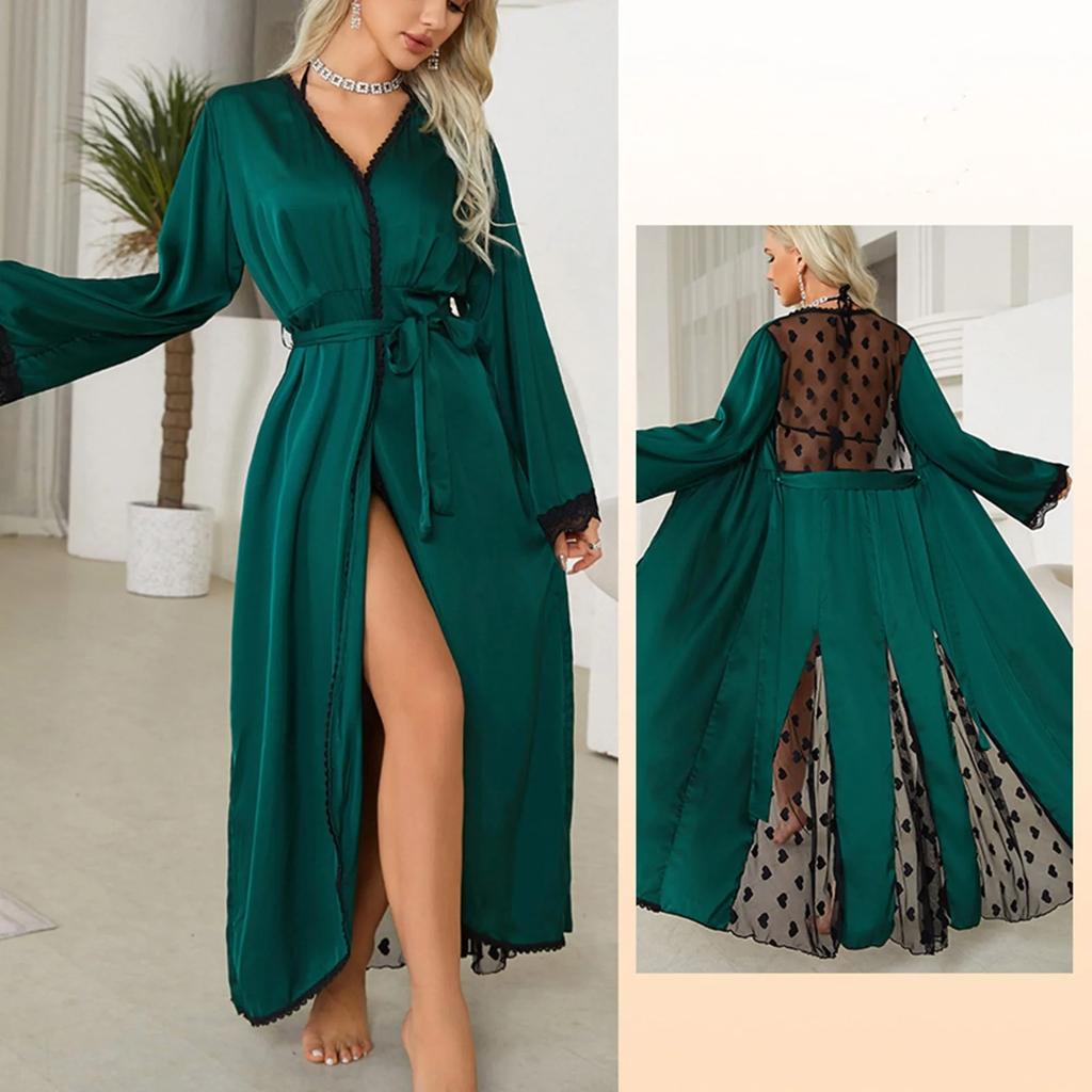 Halat Sexy de Damă Solid pentru Acasă Desire Mătase Satinată Halat Lung Dantelă Lenjerie de Noapte Rochie