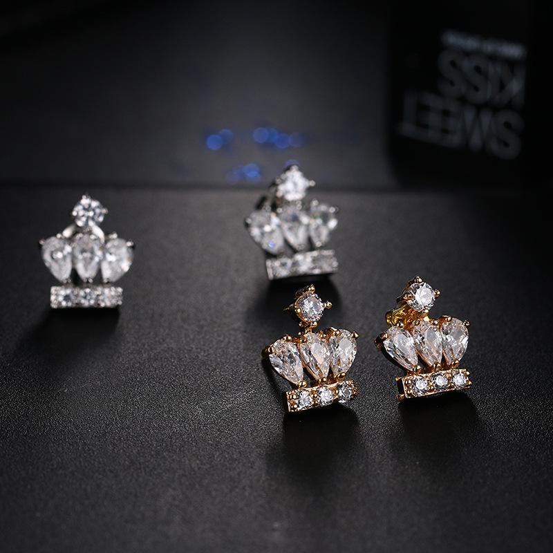Elegant Cubic Zirconia Crown Stud Earrings - Gold-Plated Copper, Luxurious Shine for Women