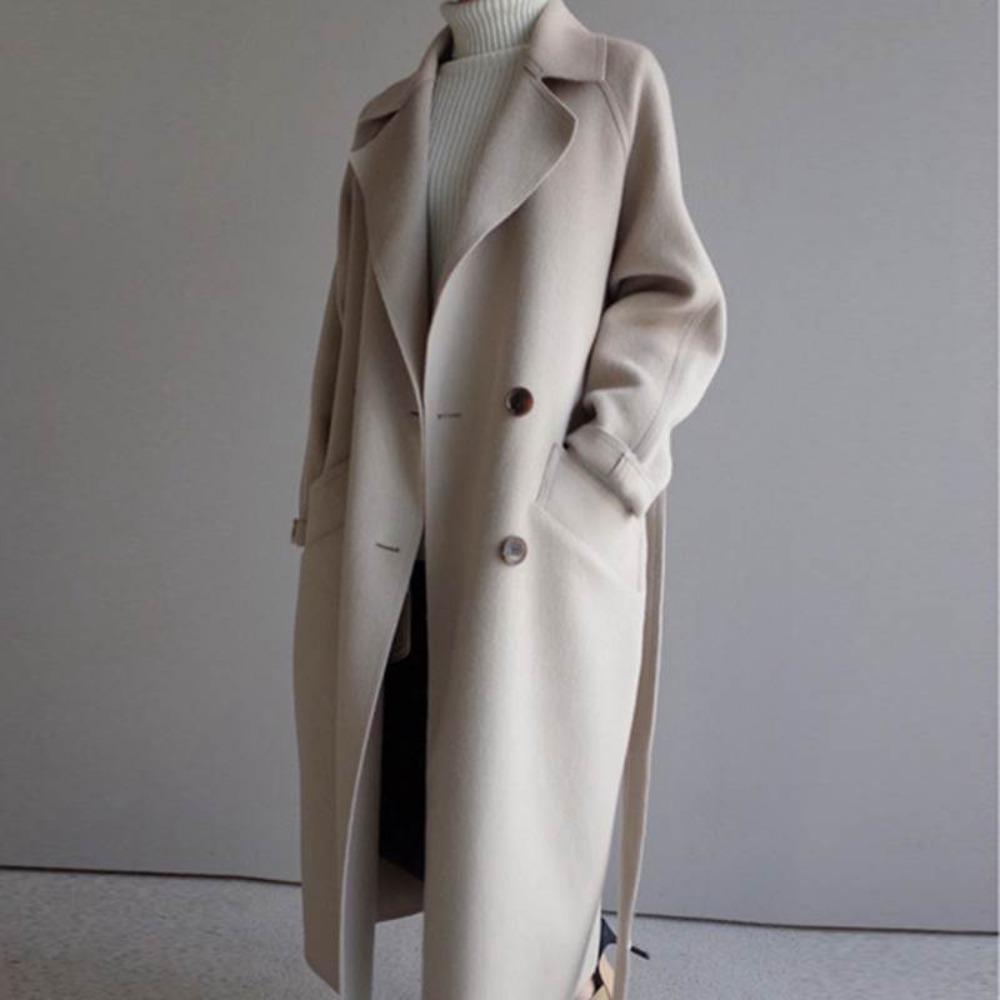 Women's Turn Down Collar Long Sleeve Wool Coat Loose Fit Straight Cut Belted Long Overcoat