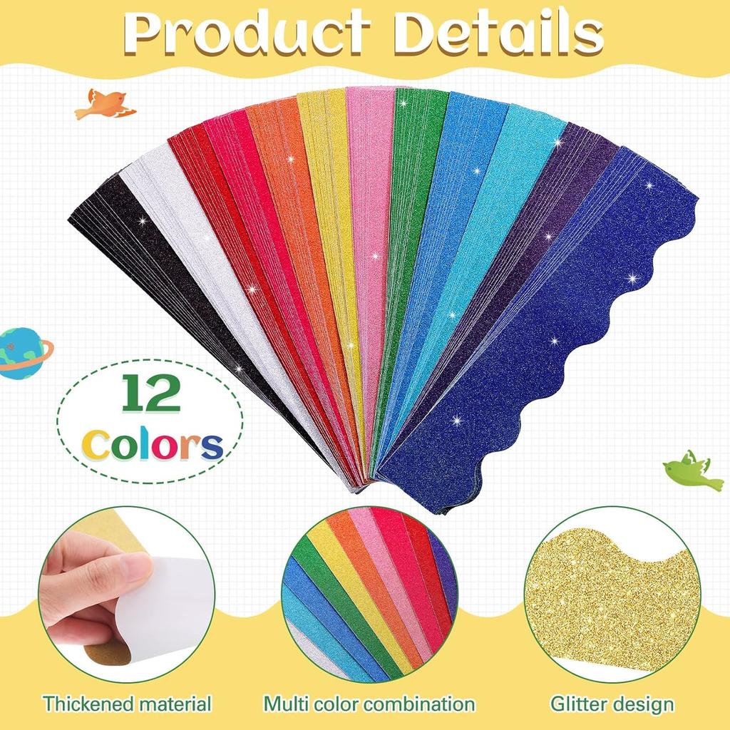 Geyee 120 Pieces Glitter Bulletin Board Border Scalloped Border Trim Shiny Bulletin Poster Decoration Colorful Glitter Paper for School Classroom