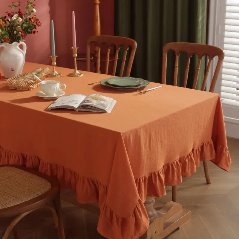 100% Cotton Table Cover Red Farmhouse Ruffle Tablecloth Soft Water-washed Tablecloths for Rectangle Party Wedding Decor Durable