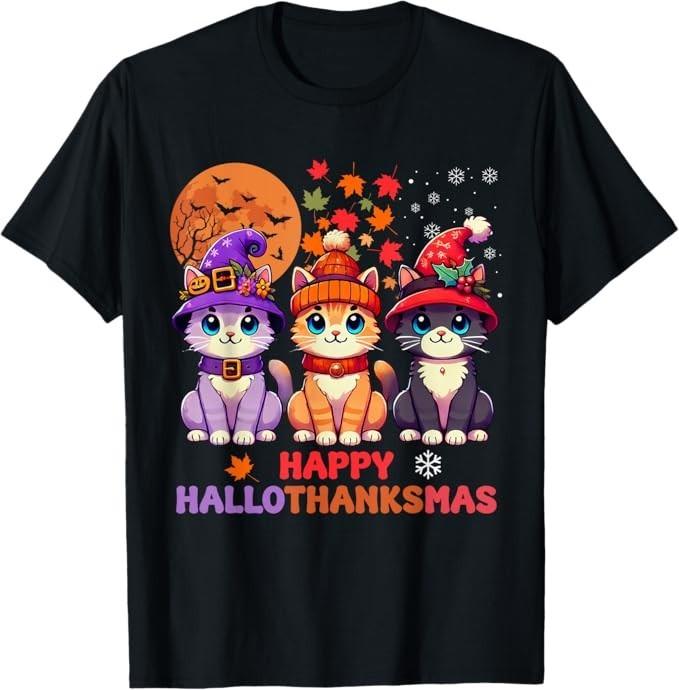 

Halloween Thanksgiving Christmas Happy HalloThanksMas Cats T-Shirt M