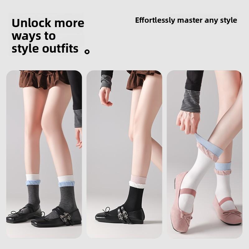 Boneless White Cotton Socks for Women, Pile Socks, Comfortable and Versatile, Lace Sweat-absorbing Midtube