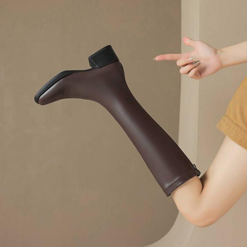 Autumn and Winter Women's Leather High Boots Solid Color Comfortable High Boots Medium Heel Large Size Women's Boots Korean Version of the N