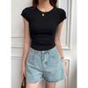 Women's T-shirt Short-sleeved Spring and Summer Slimming Design Sense Niche Card Waist Waist Is Shoulder Clothes
