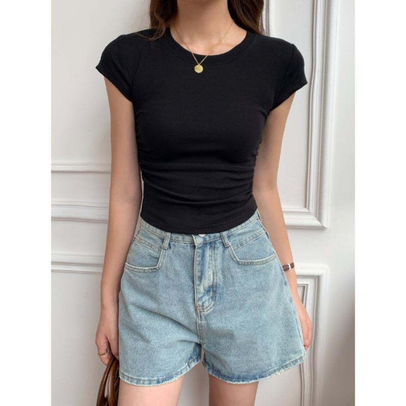 Women's T-shirt Short-sleeved Spring and Summer Slimming Design Sense Niche Card Waist Waist Is Shoulder Clothes