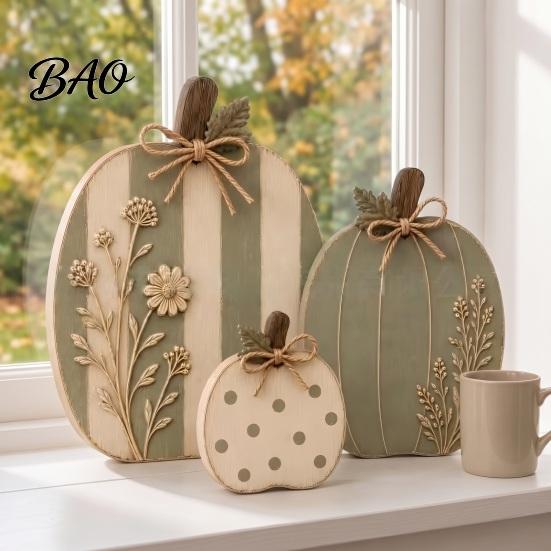 Solid Wood Pumpkin Set 3Pcs Wildflower Figurines, Farmhouse Fall Tabletop Decor, Rustic Pumpkins with Harvest Table Centerpieces Embossed Floral, Jute