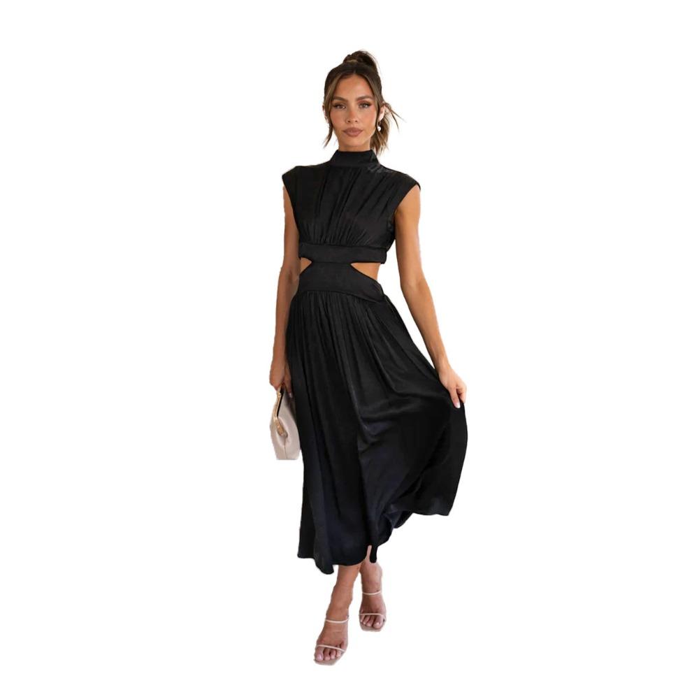 Women's High Neck Sleeveless Midi Dress Loose Cutout Waist Pleated Elegant Casual Solid Color Party Dress