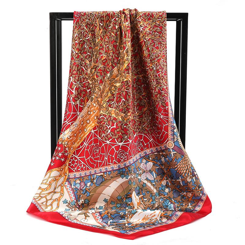 90*90Cm Women Elegant Floral Printed Square Imitation Silk Scarf Hijab Women Luxury Sunscreen And Dustproof Kerchief Head Scarf