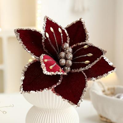 Merry Christmas 26cm Christmas Flower Plastic Simulation Poinsettia Flower Colorful Glitter Artificial Flower Tree Decorations