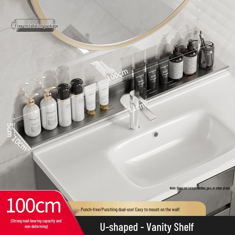 Wall-Mounted No-Drill Bathroom Vanity Shelf with Space for Faucet and Mirror