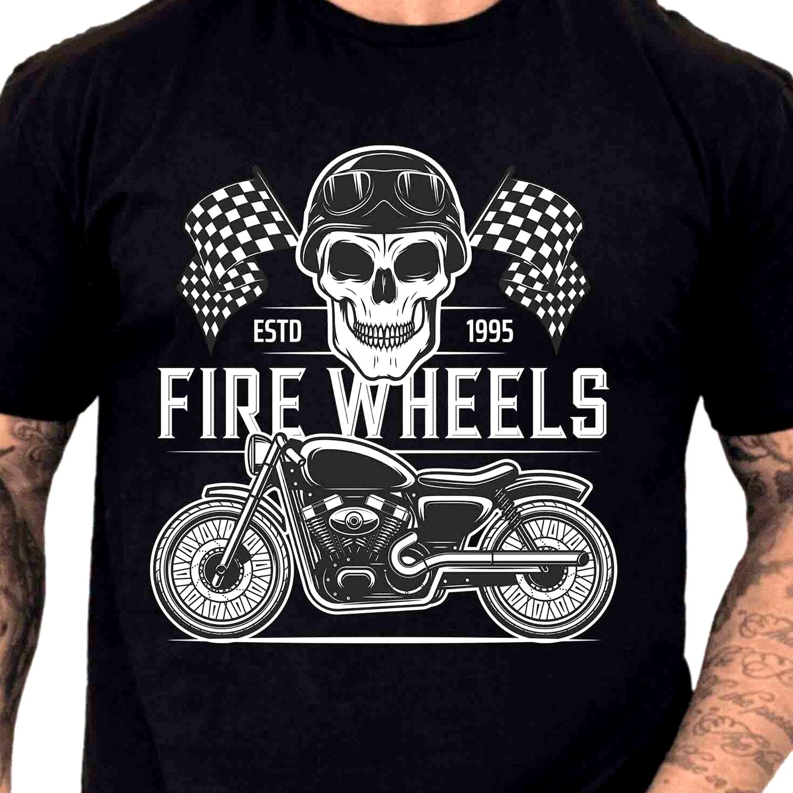 Fire Wheels T-Shirt Skull Motorcycle Checkered Flag Biker Graphic Tee Cafe Racer M