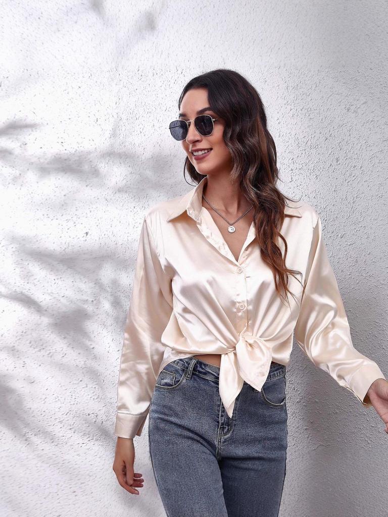 23 Colors Satin Long Sleeve Women's Shirt with Lapel - European & American Style