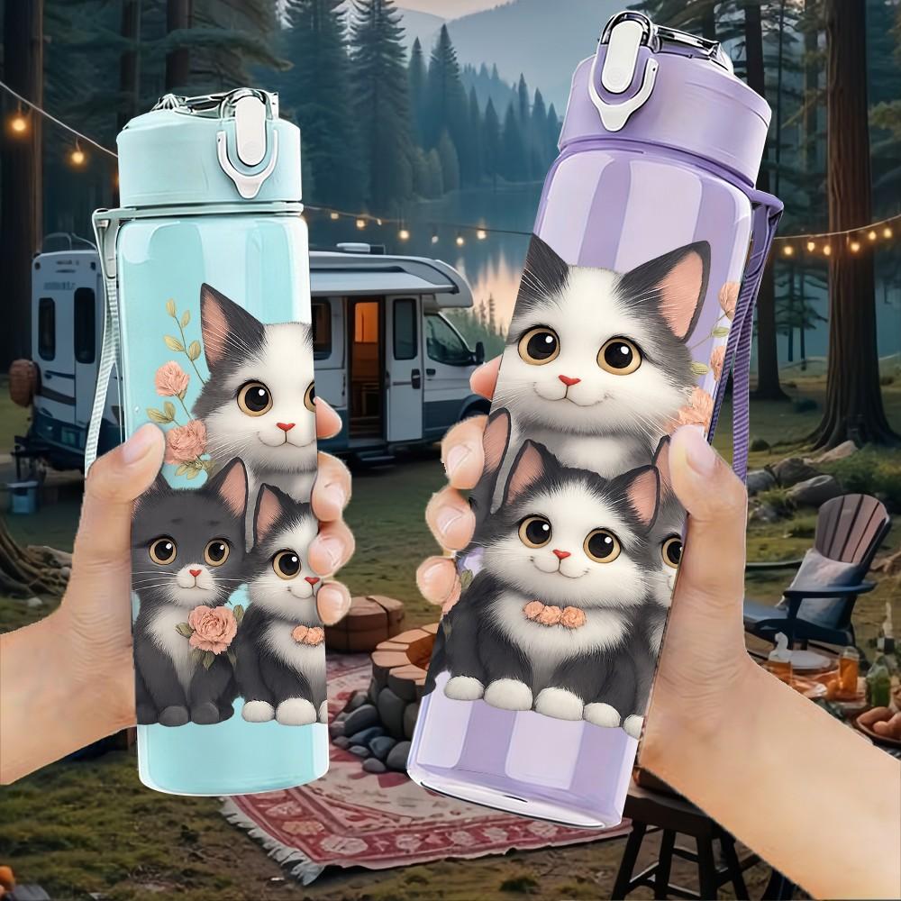 1PC Family Kitten Group Pattern 750ml Color Plastic Sports Water Bottle Leakproof Flip Straw Lid Suitable for Sports Office Home Use