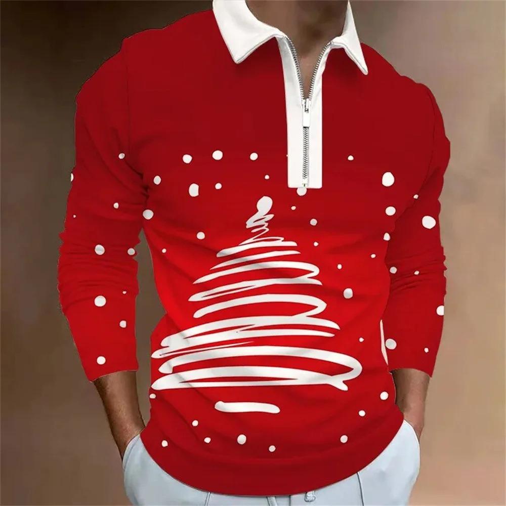 Father Christmas cartoon pattern digital 3D printing polo shirt large size loose men's zip lapel shirt
