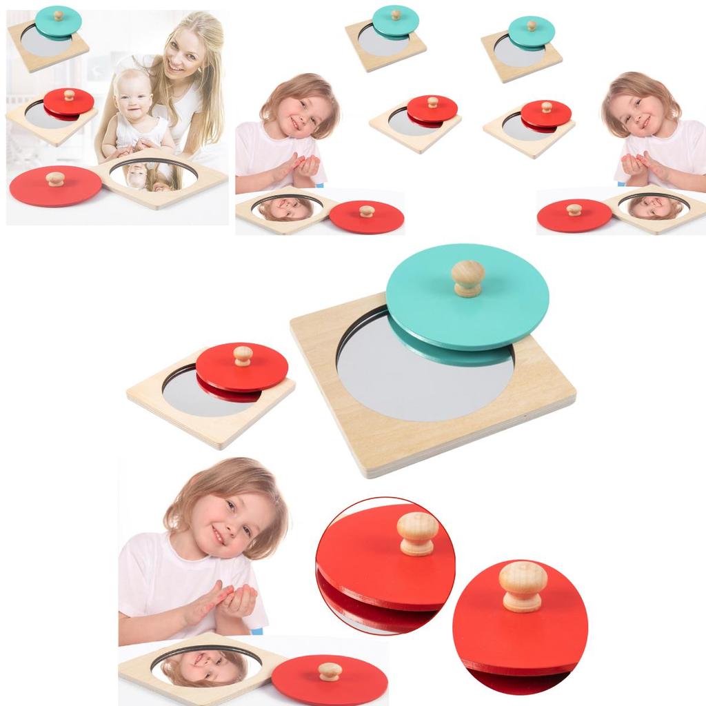 Hoshi Baby Wooden Montessori Mirror Peekaboo Knob Puzzle, Infant 3mos+ Tummy Time Toy