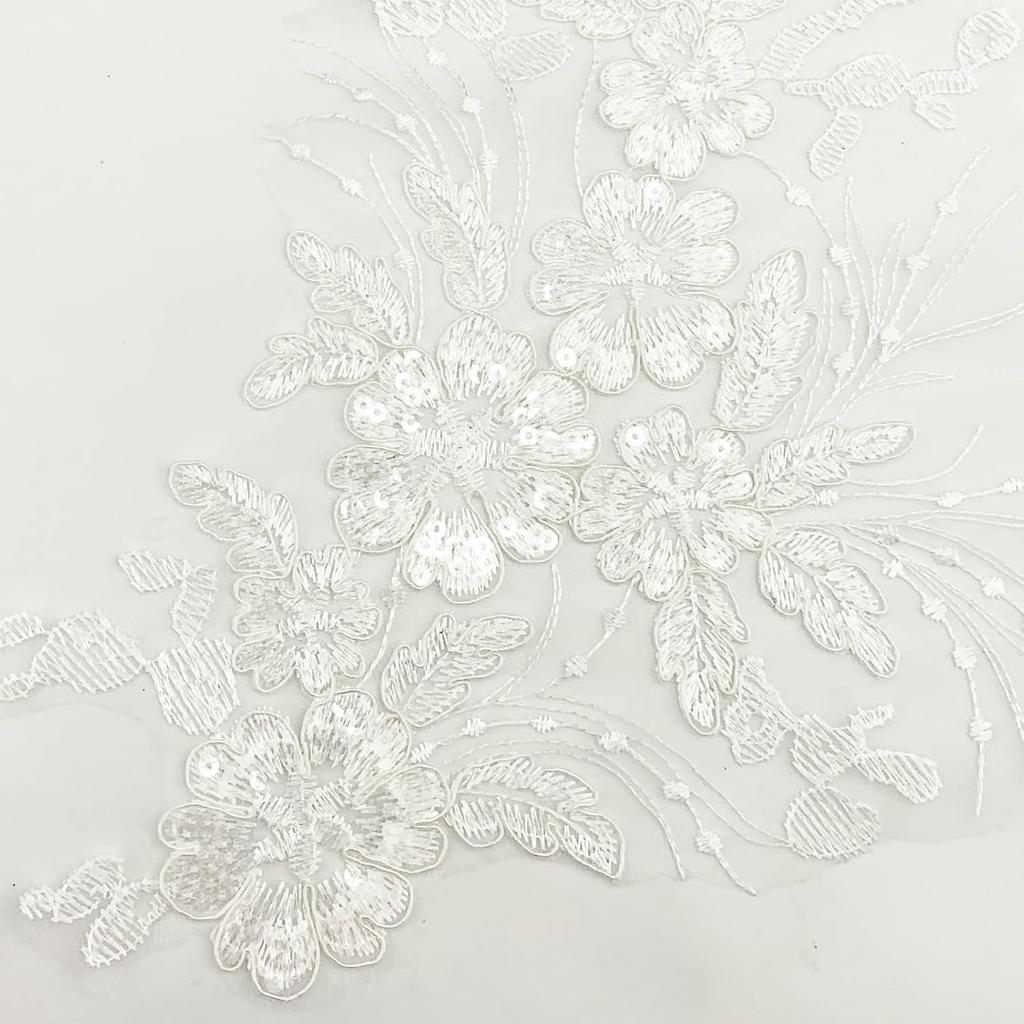 Flower Embroidery Sequin Lace Appliques Trim Floral Embroidered Sew on Patches for Wedding Bridal Dress Party Gown Bodice Craft DIY, 1 Pairs (White)