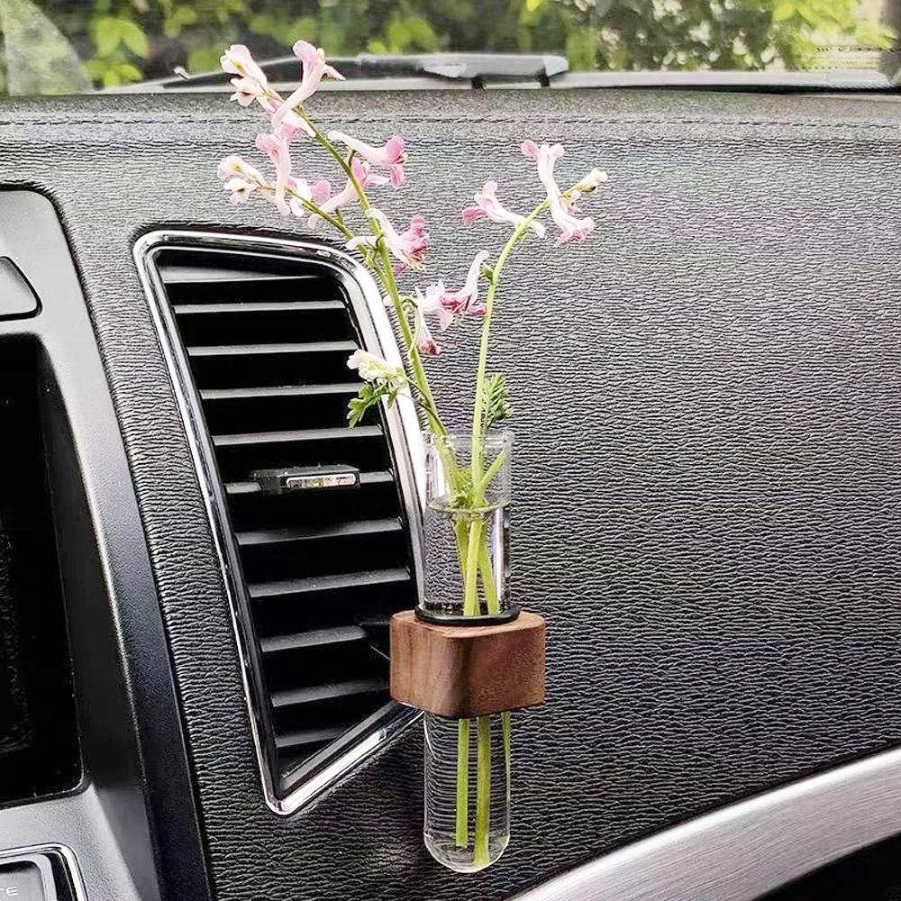 Stable Mini Car Flower Vase Clip Elegant Adjustable Car Vent Flower Vase Walnut and Glass Creative Car Vent Decor Dashboard