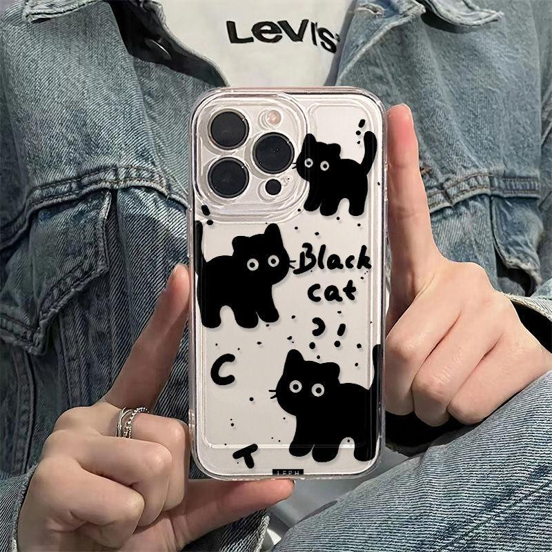 Cartoon Black Cat for iPhone17promax Space Phone Case Apple 16 Transparent 15/13 Fine Hole 14