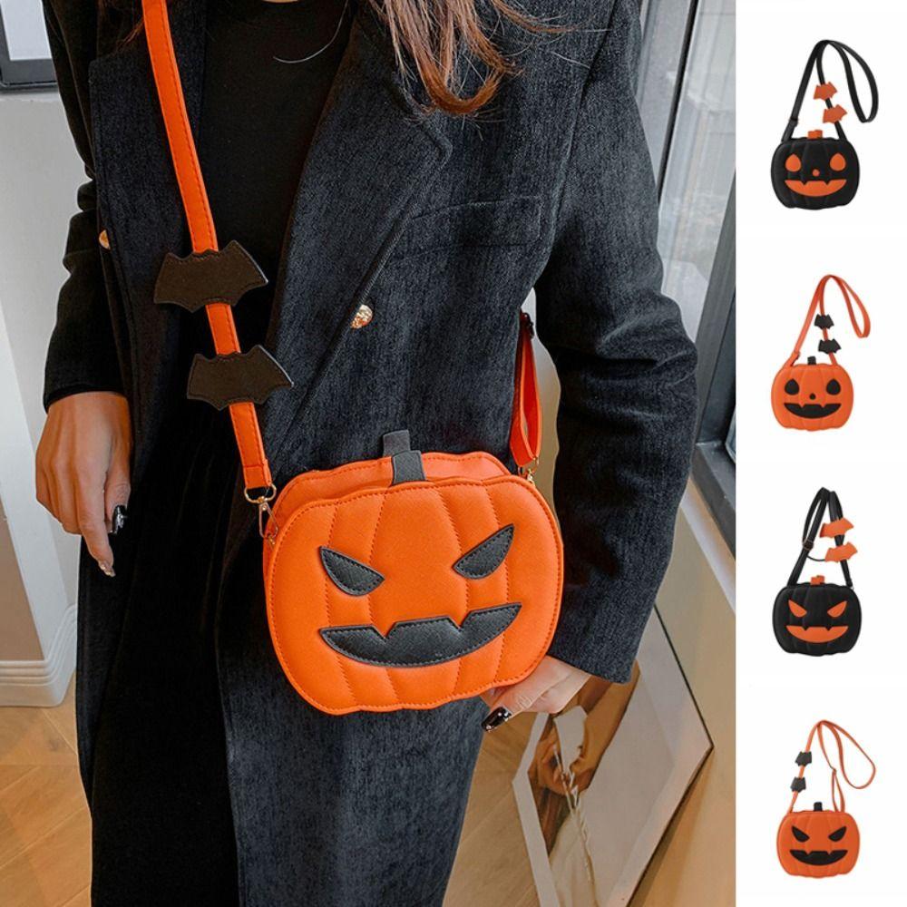 Message Bag PU Leather Halloween Pumpkin Bag Large Capacity Funny Pumpkin Shoulder Bag Bat Square Crossbody Bag Halloween