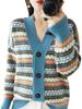 Women's Retro Striped V-Neck Cardigan - Thick Knitted Jacquard Sweater for Spring