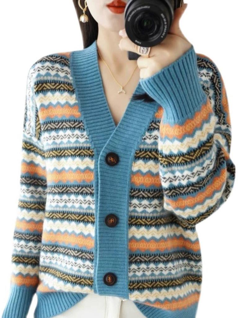 Women's Retro Striped V-Neck Cardigan - Thick Knitted Jacquard Sweater for Spring