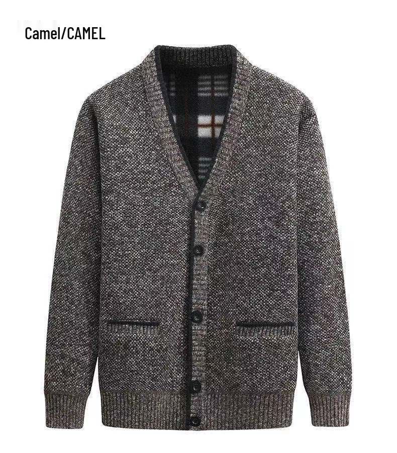 Men's Winter Thickened V-Neck Plus Velvet Sweater Cardigan for Middle-Aged & Elderly