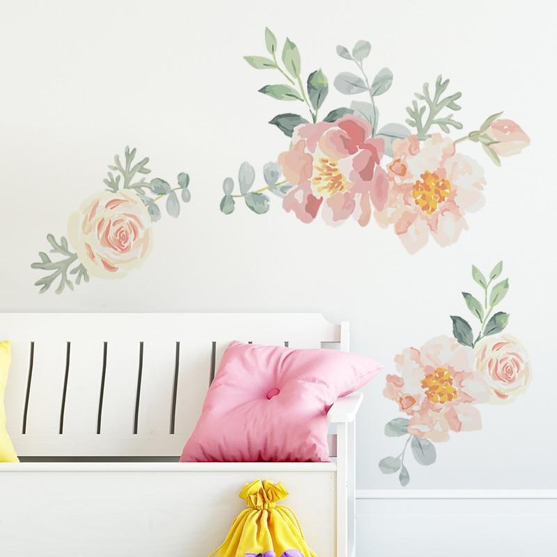 Watercolor Flowers Wall Stickers Room Decoration Peony Rose Wall Decals Baby Nursery Living Room Bedroom PVC Removable Wallpaper