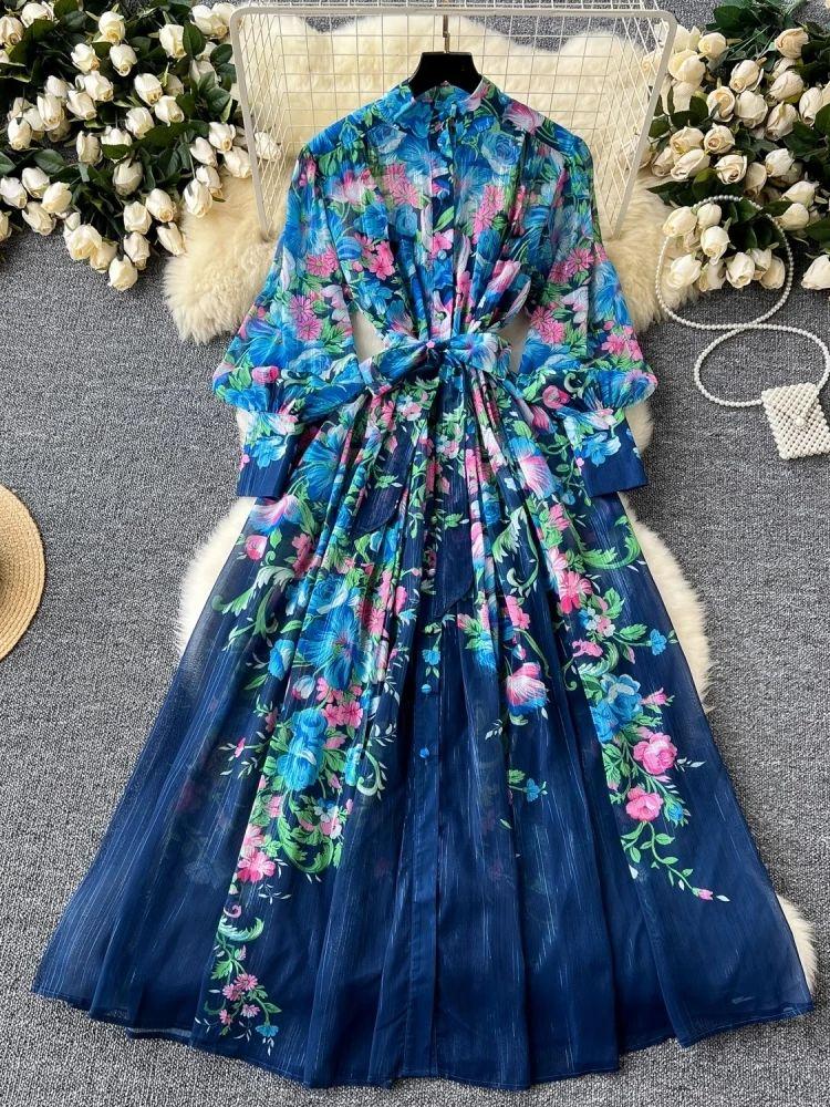 Ästhetisches elegantes Print-Revers-Langarm-Kleid-Frauen-Mode-Vintage-schlanke offene Gabel-Rüschen-Kleider weibliches Design schicke natürliche Chiffon-Kleidung