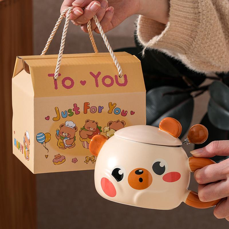 Creative Cartoon Bear Ceramic Cup With Lid Household Breakfast Children'S Couple Cup High Value Gift