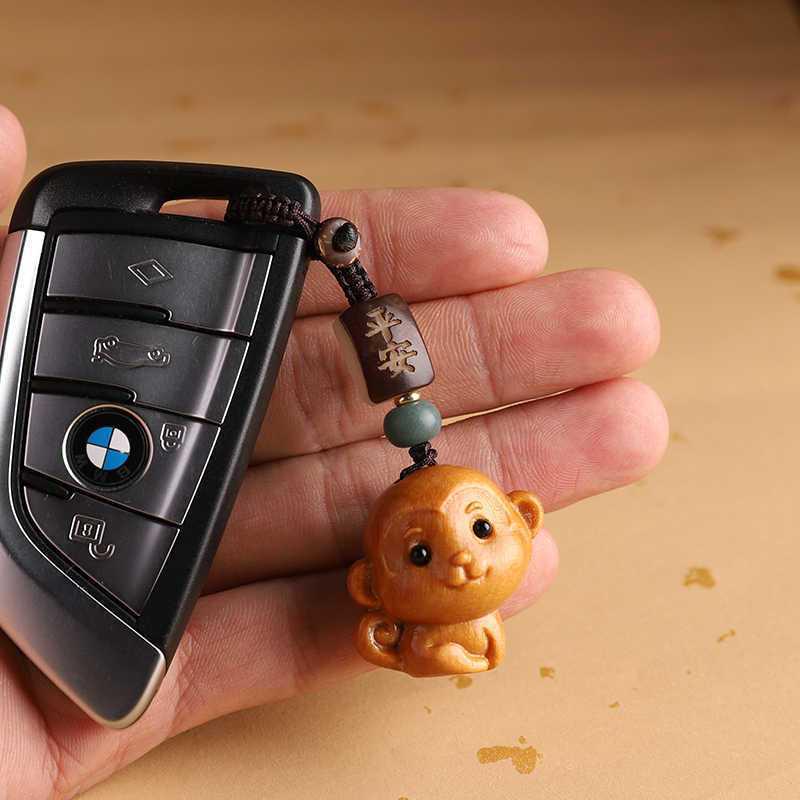 Sandalwood Zodiac Monkey Keychain Pendant: Retro Car Ornament for Men & Women