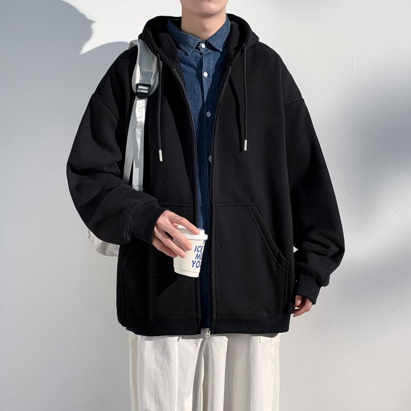 Cardigan con zip Maglione da uomo Giacca con cappuccio larga Tendenza dell'autunno Gioventù Colore unico Top comodi