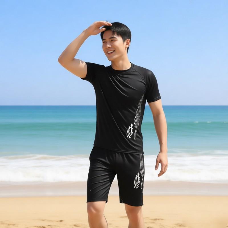 Swimsuit Conservative Men's Suit Adult Five-point SPORT Swimming Trunks Tight Short-sleeved Sunscreen Hot